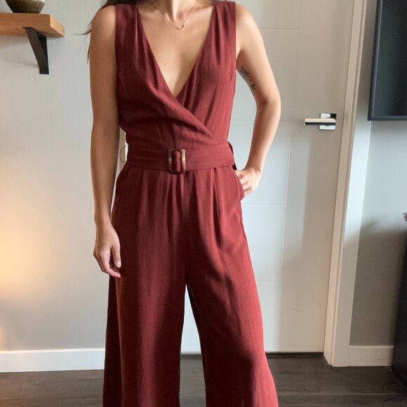 Maroon linen-blend jumpsuit - Picture 2 of 2